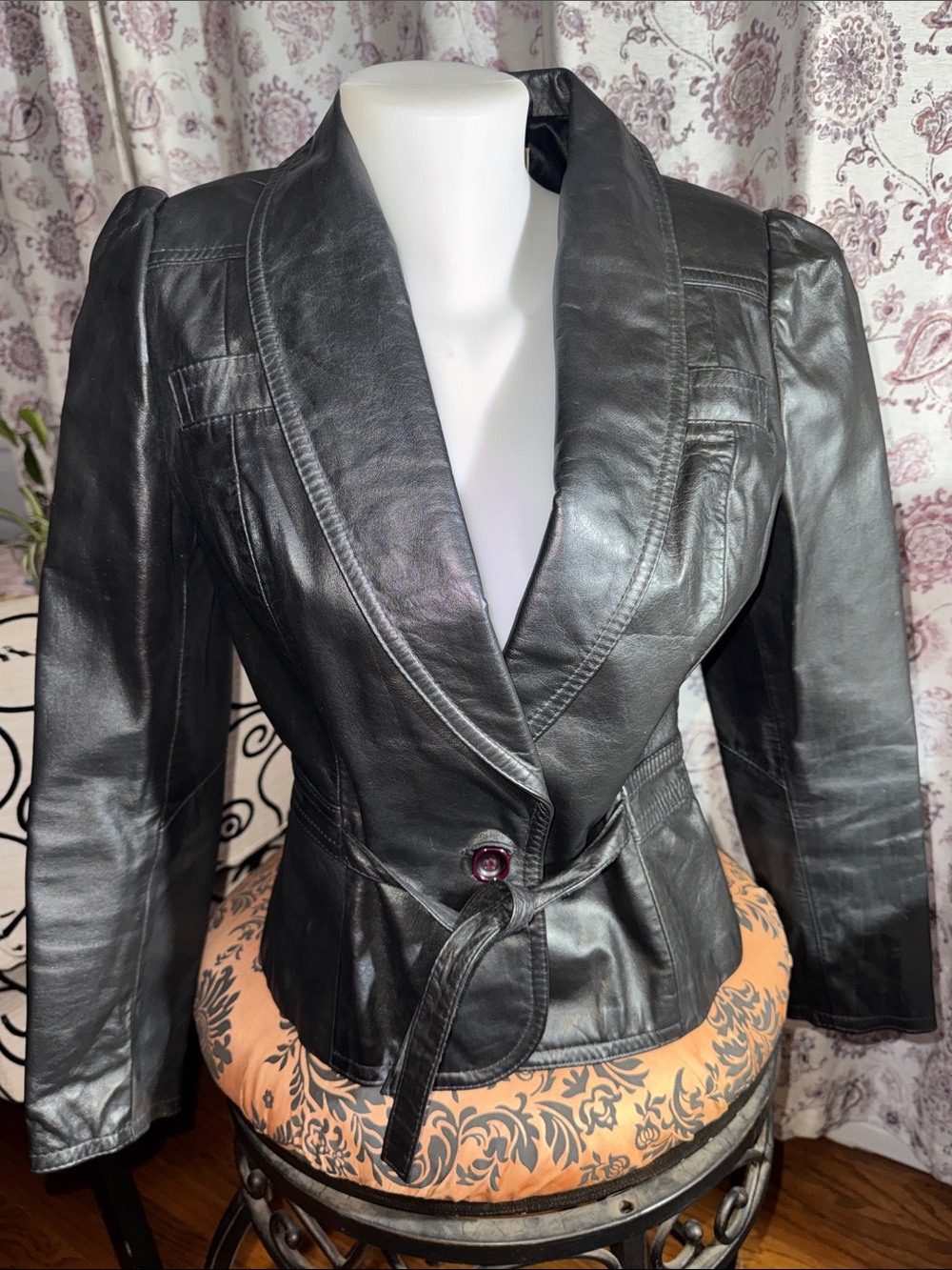 Women's Black Leather Shawl-Collar Jacket